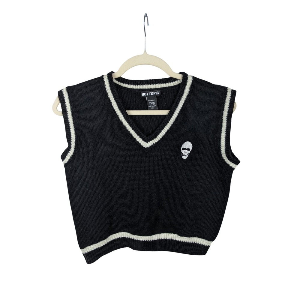Hot Topic Black Skull Embroidered V-Neck Striped Knit Sweater Vest Medium